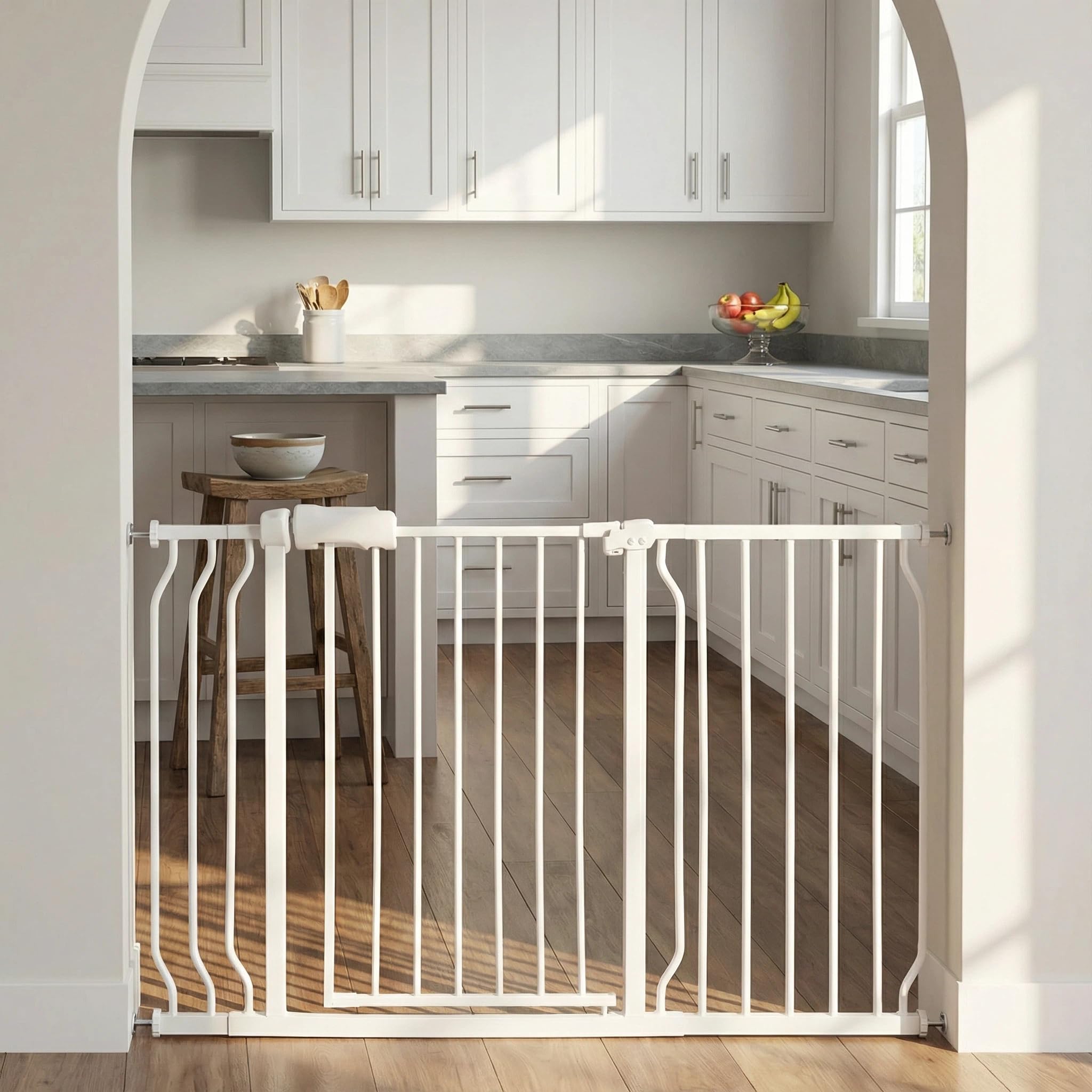 Vothco extra-wide baby gate extended to 48-53 inches for wide doorways.