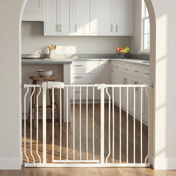 Vothco extra-wide baby gate extended to 48-53 inches for wide doorways.