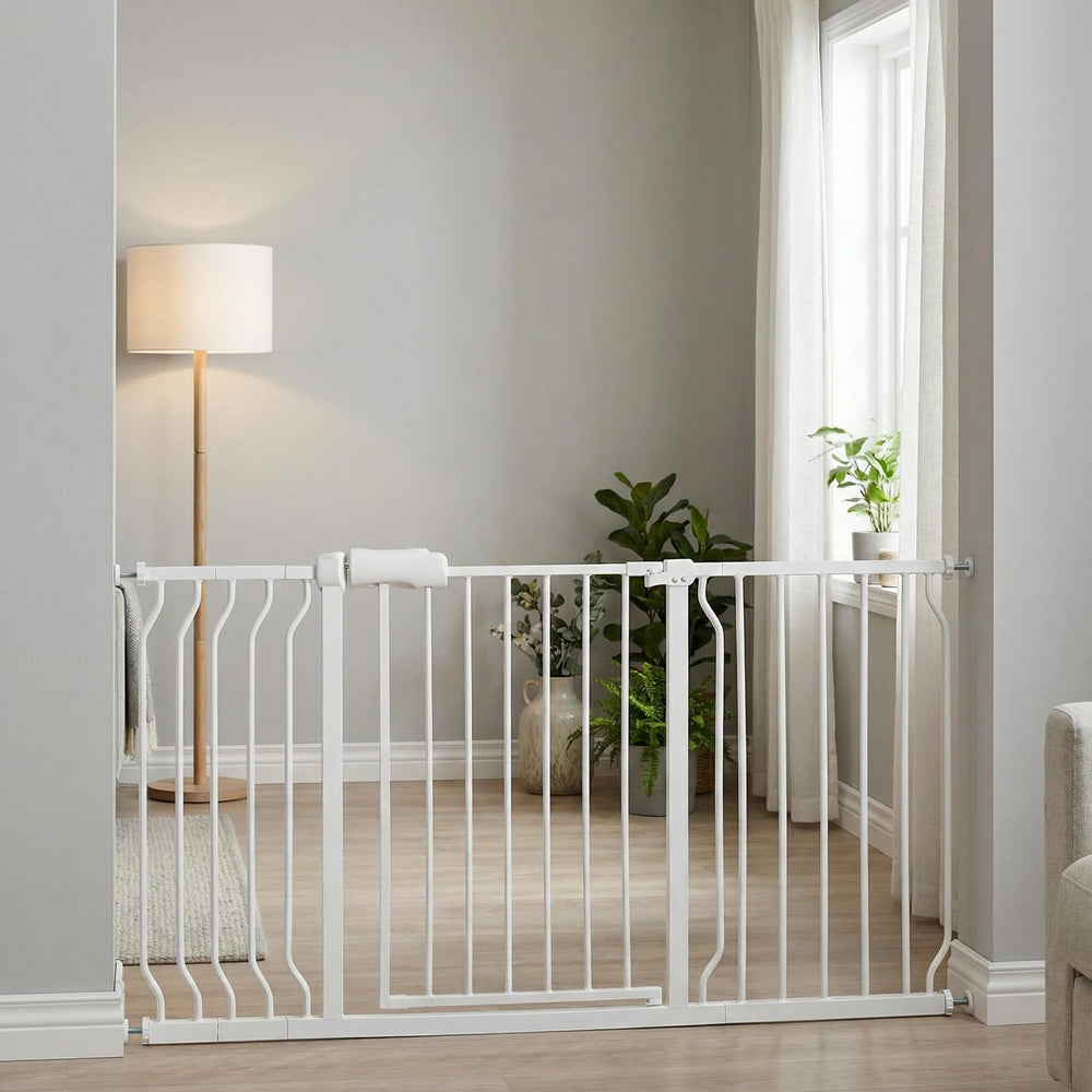 Vothco extra-wide baby gate close-up shows durable metal frame for long-lasting safety.