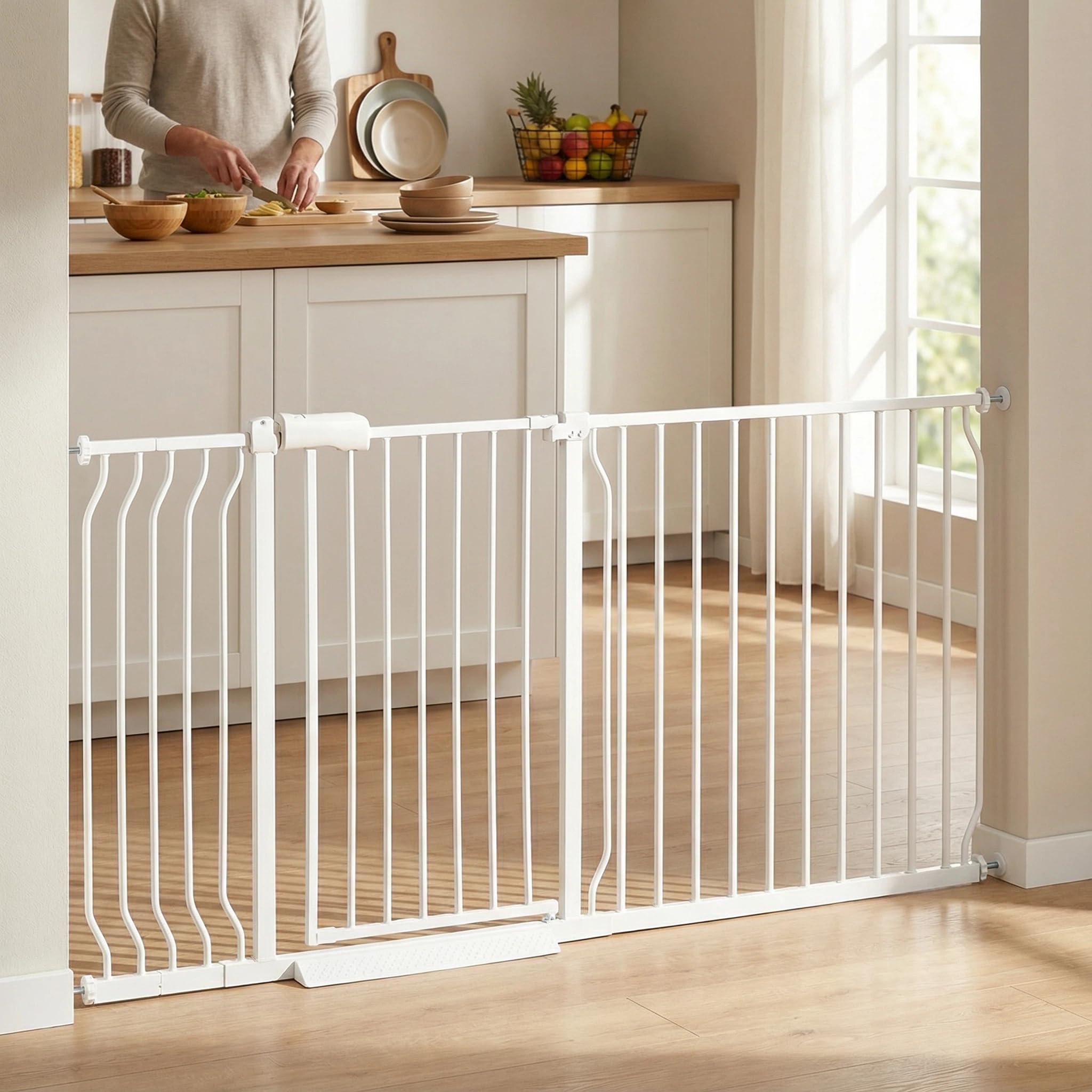 Vothco extra-wide baby gate at stair entry supports wide openings for safe passage.