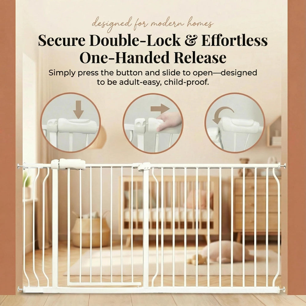 Vothco extra-wide baby gate two-way opening supports easy pedestrian flow.