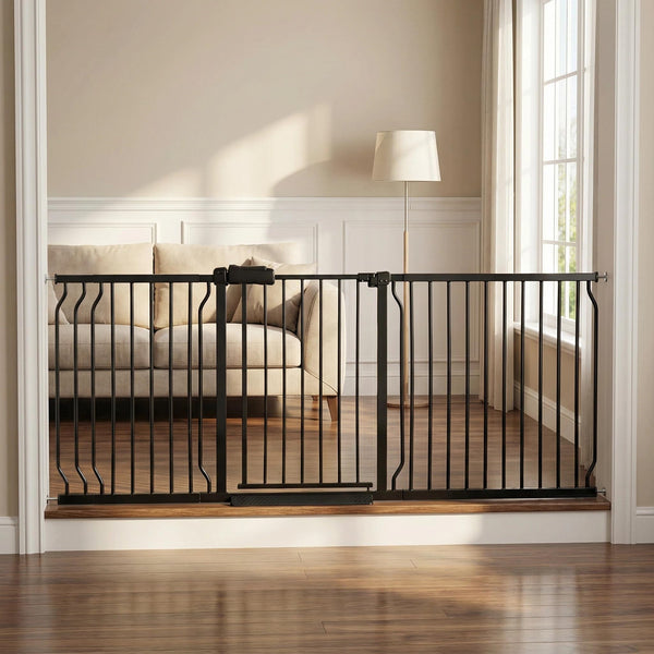 Vothco extra-wide gate fits large doorway openings with adjustable width and no drilling.