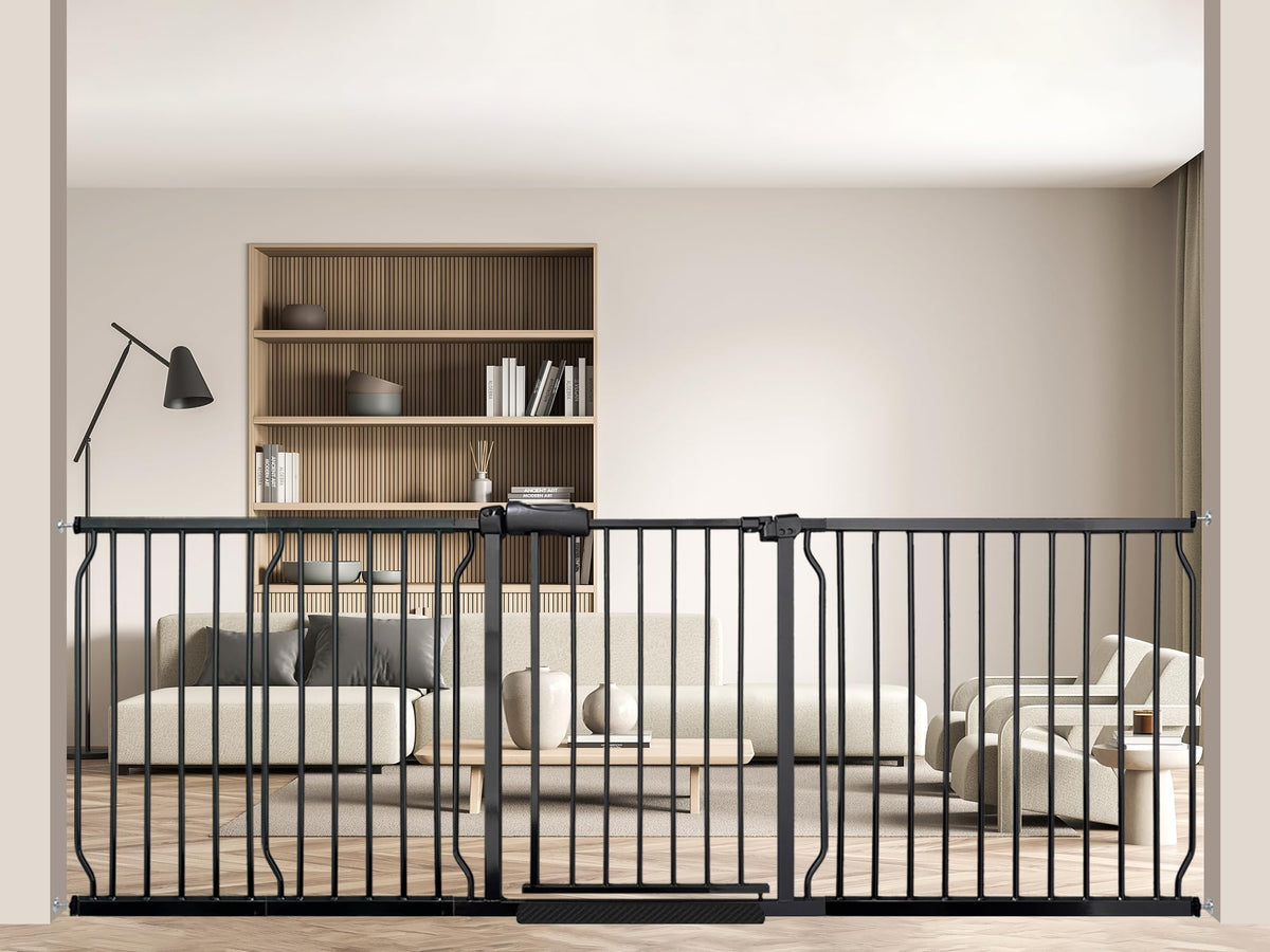 Vothco extra-wide gate on a staircase ensures safe passage for kids and pets.