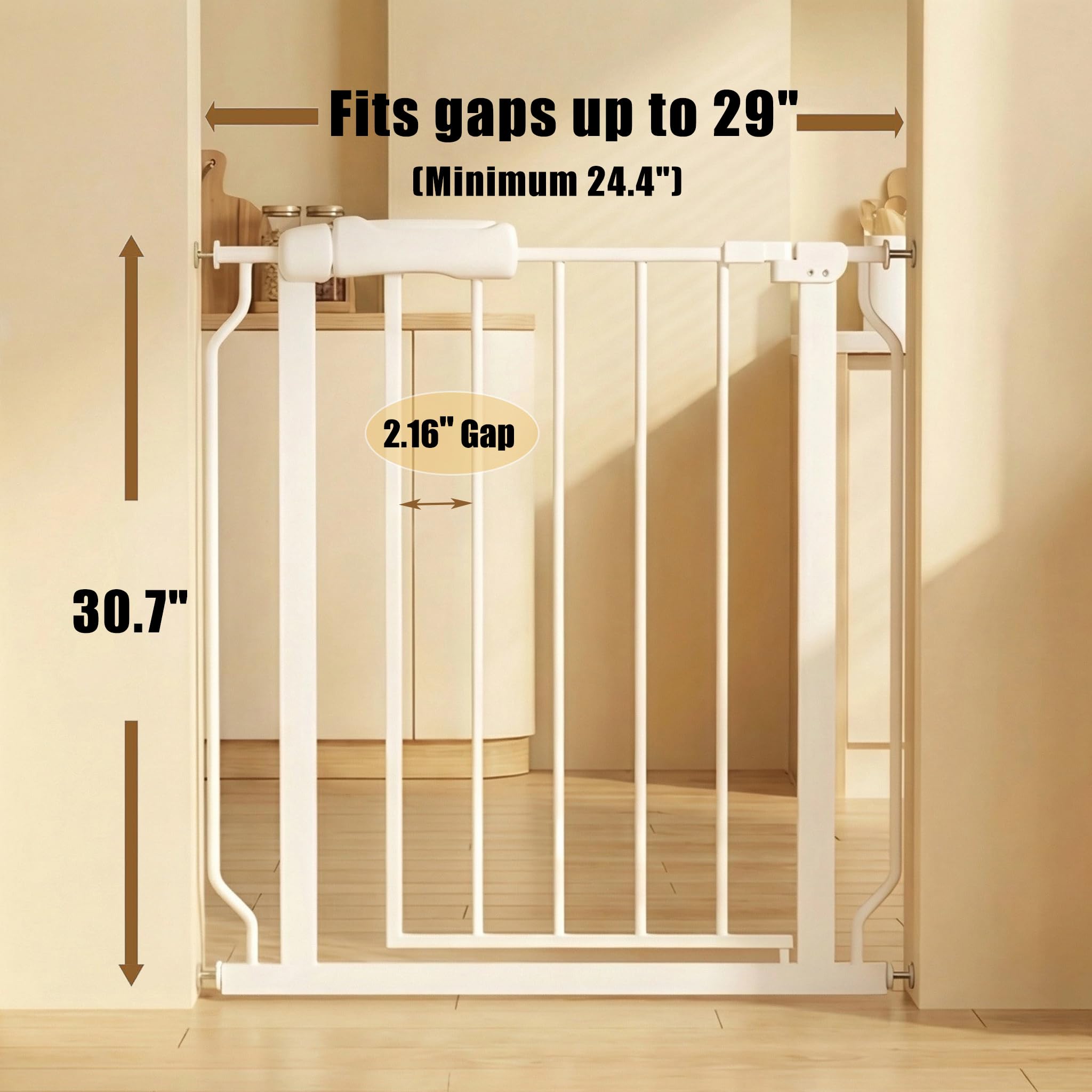 Vothco pressure-mounted gate demonstrates easy, tool-free installation in wide spaces.