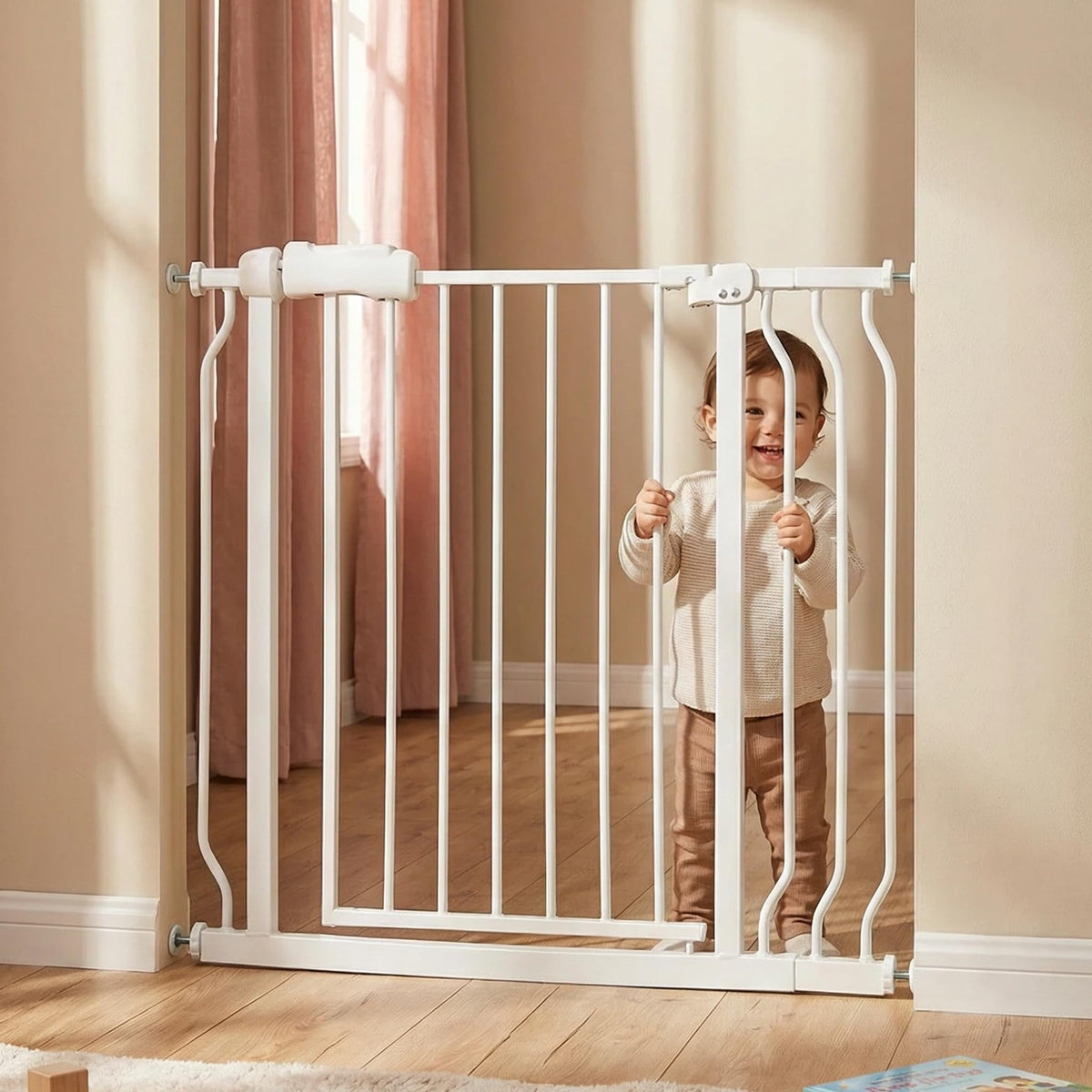 Vothco Walk Through Gate showing adjustable width for doorways and stairs.