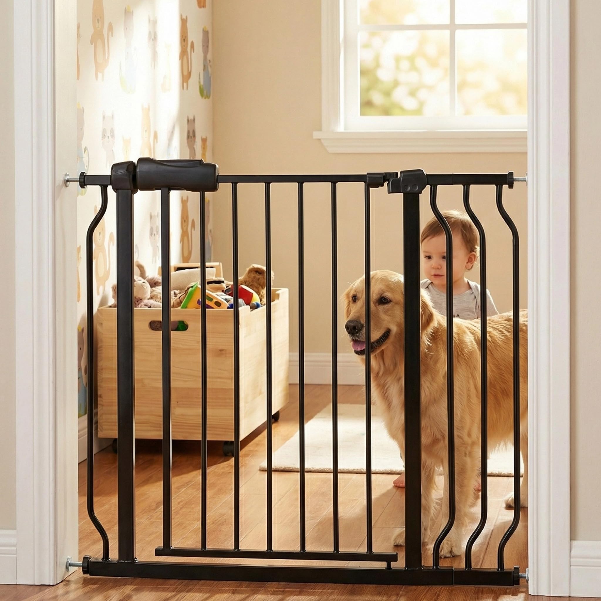 Vothco walk-through gate in a wide doorway offering versatile use for doorways and stairs.