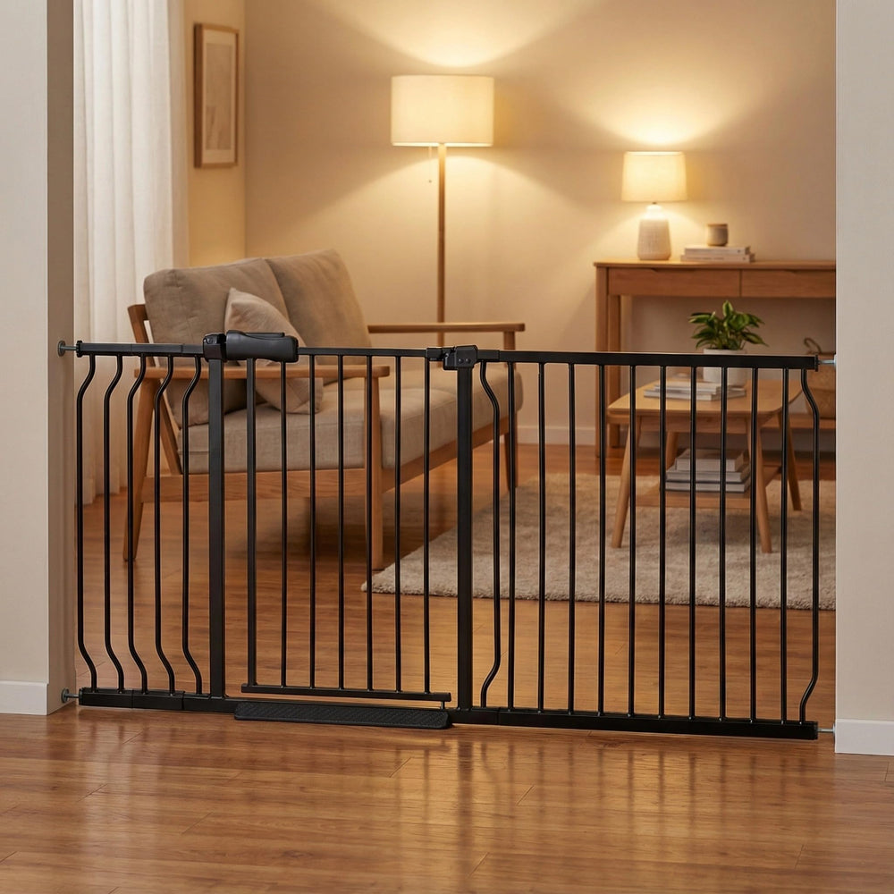 Vothco wide baby gate at 67-71.5 inch width safely covers large openings.