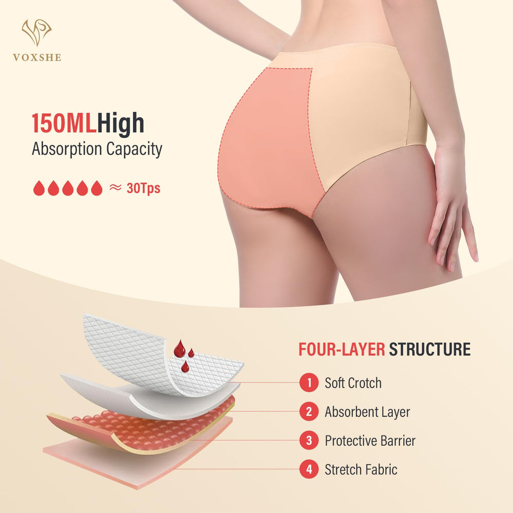 VOXSHE beige front view underwear, soft and absorbent for everyday wear.