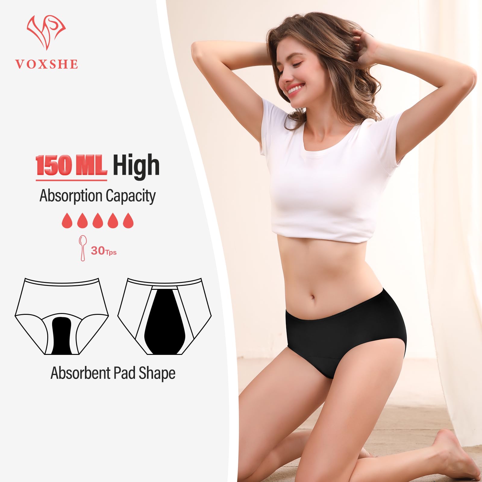 Voxshe four-layer leak-proof underwear design provides secure coverage.