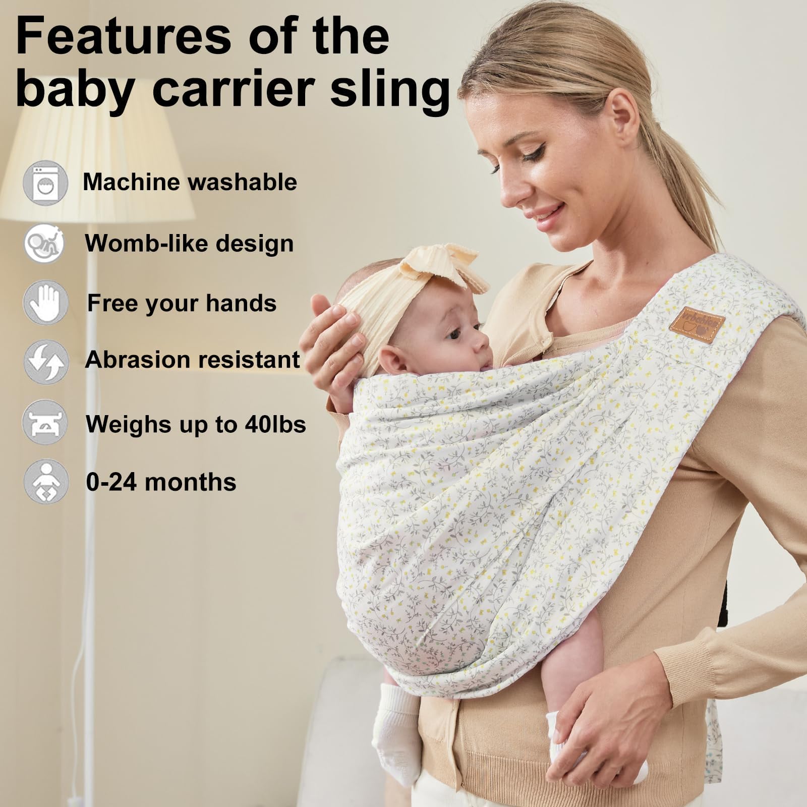 Vrbabies baby sling side hold demonstrates hands-free support