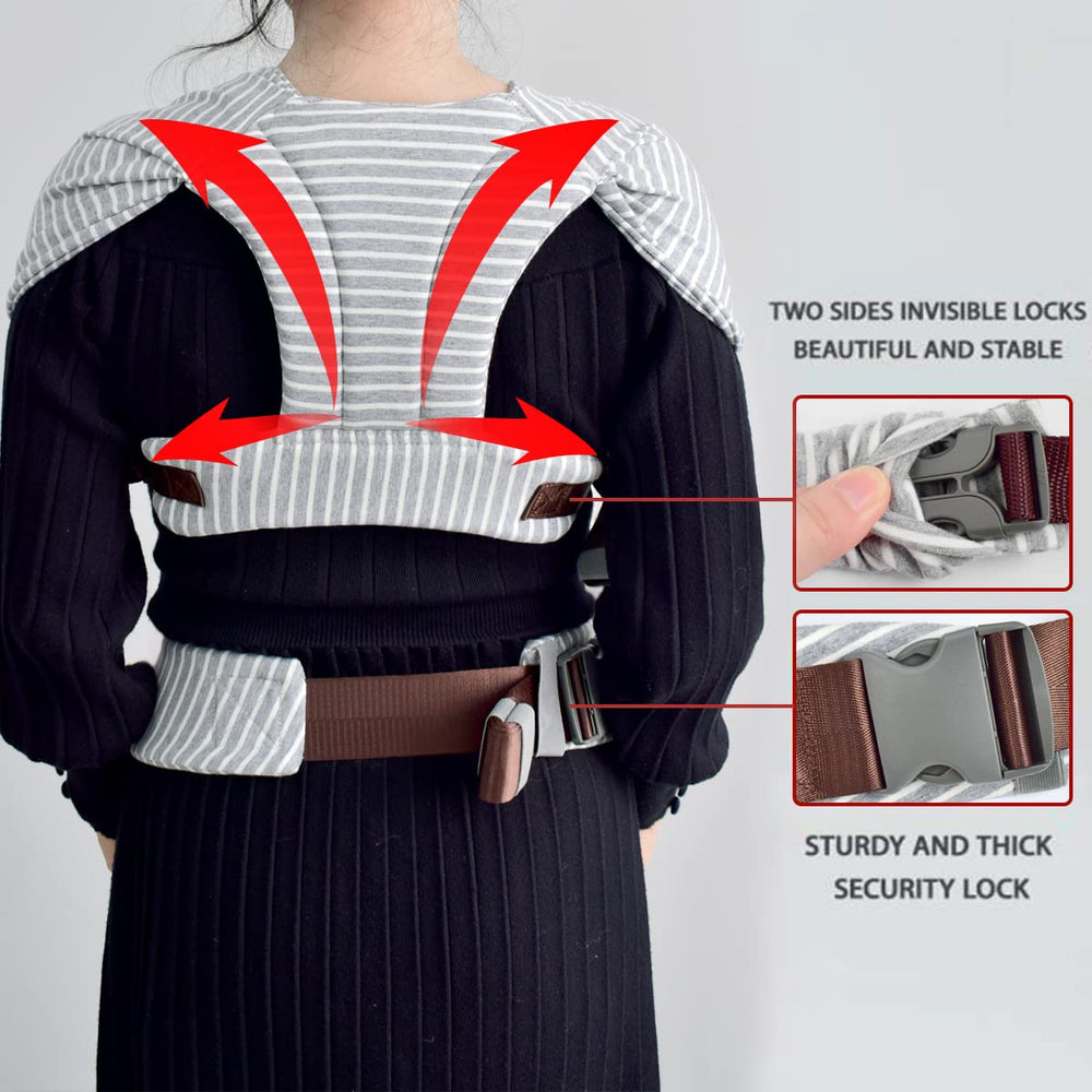 vrbabies striped grey wrap demonstrates ergonomic M-position for hip development