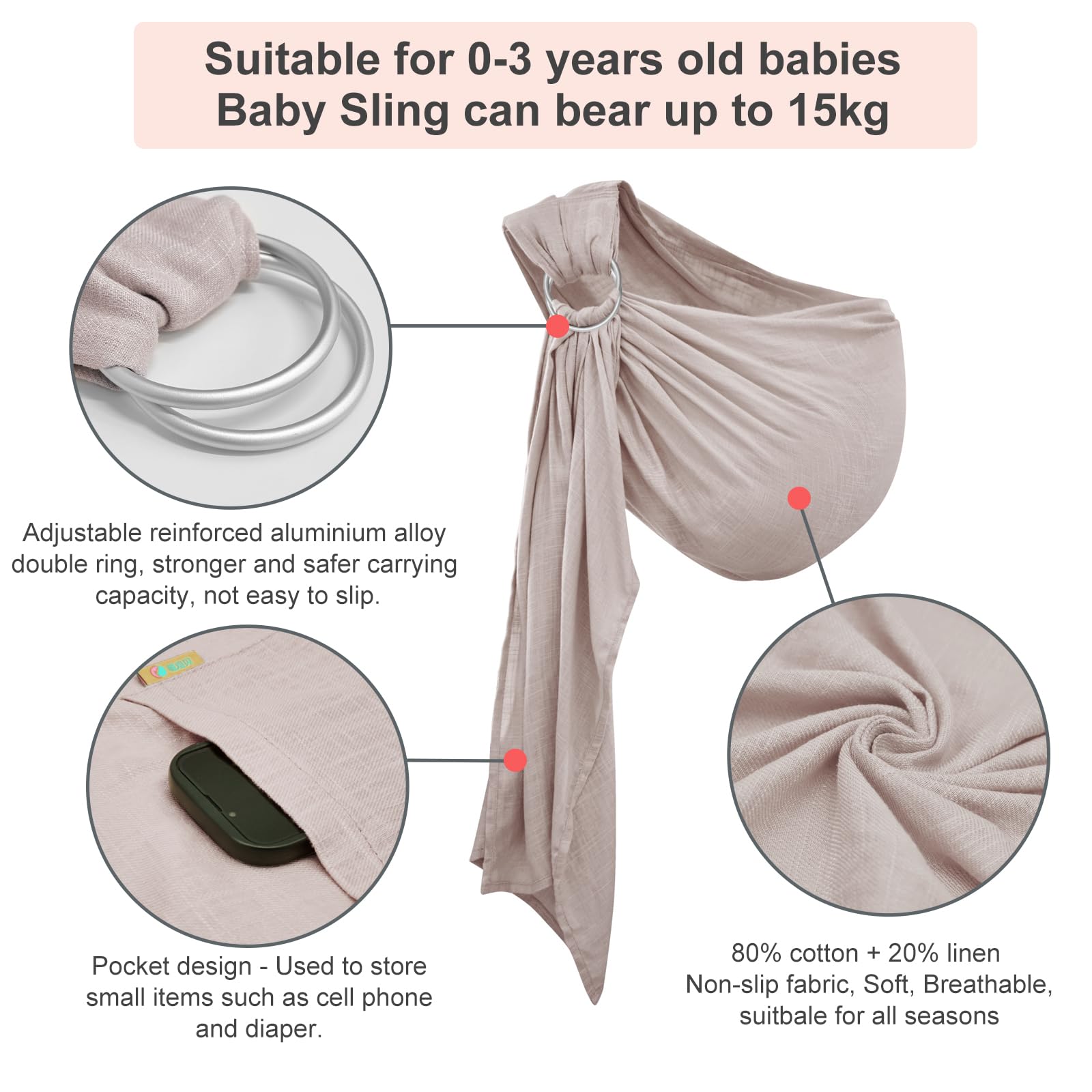 vrbabies Ring Sling aluminum rings close-up highlighting secure adjustability for comfortable all-day wear.
