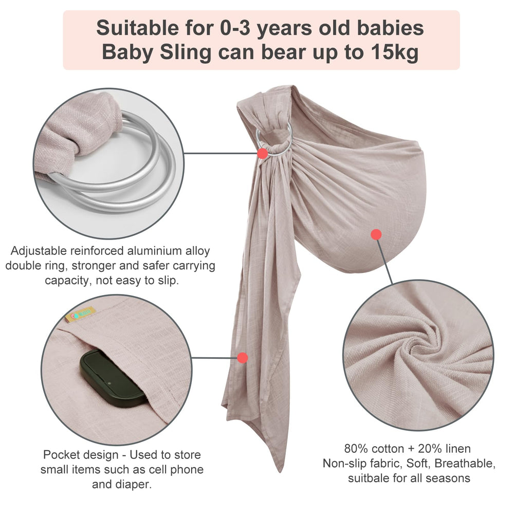 vrbabies Ring Sling aluminum rings close-up highlighting secure adjustability for comfortable all-day wear.
