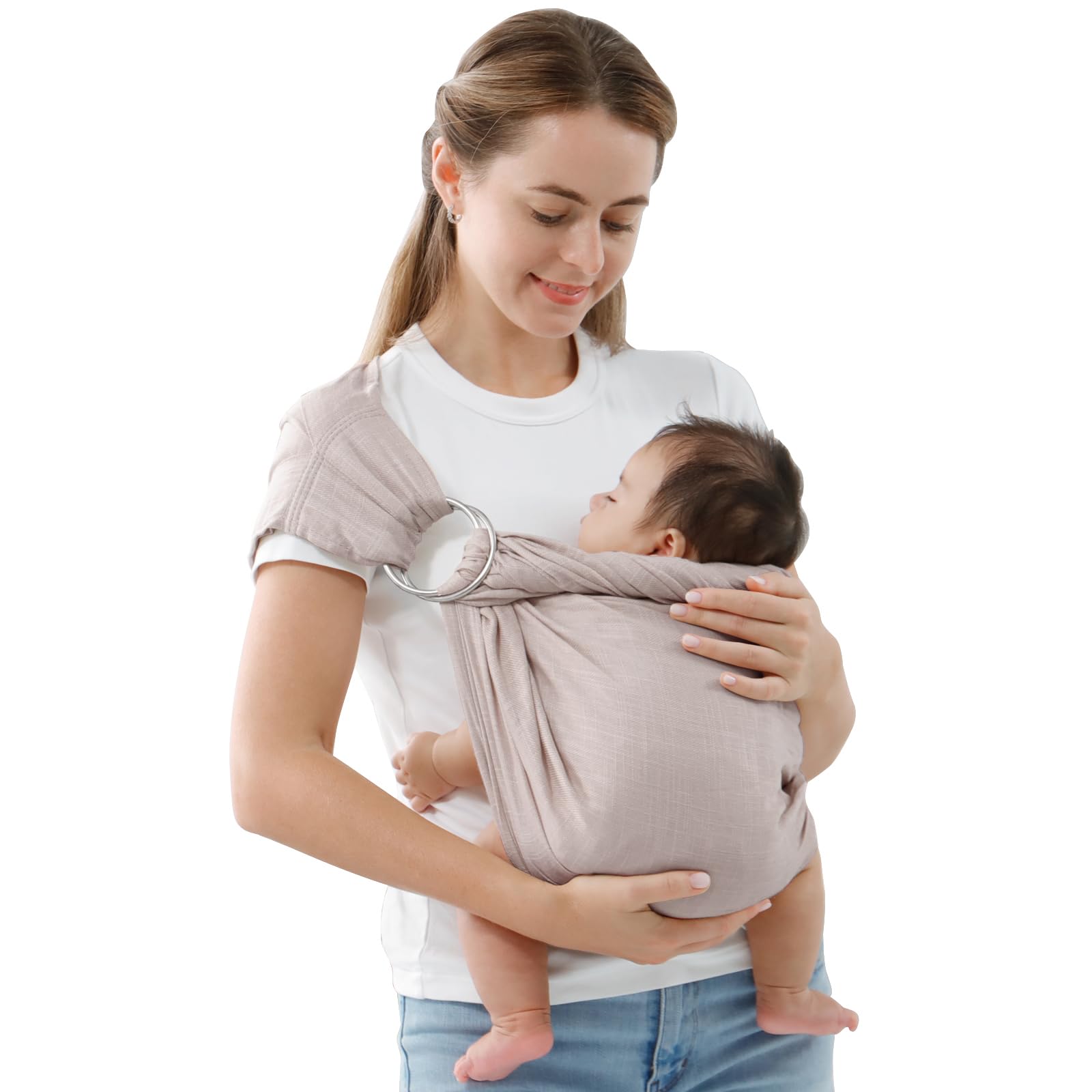 vrbabies Double Ring Sling Light Grey material close-up showing soft cotton-linen blend for gentle baby skin.