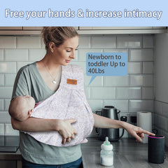 VRBabies blue flower sling with ergonomic pad for secure support.