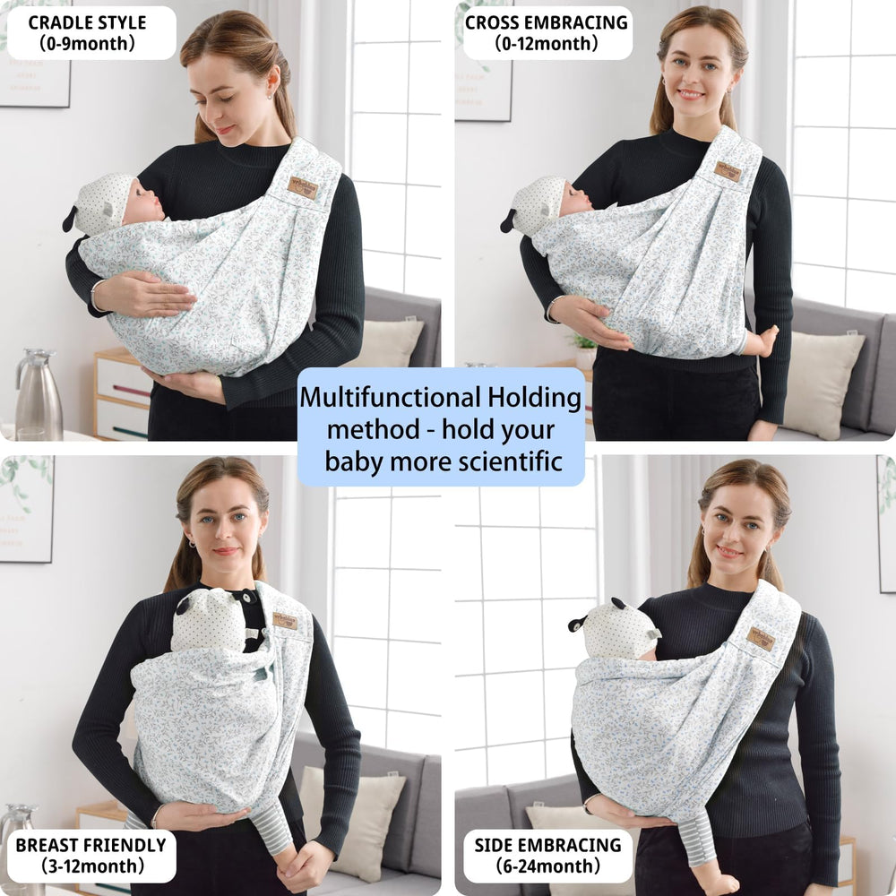 VRBabies four carry positions in blue flower sling for versatility.
