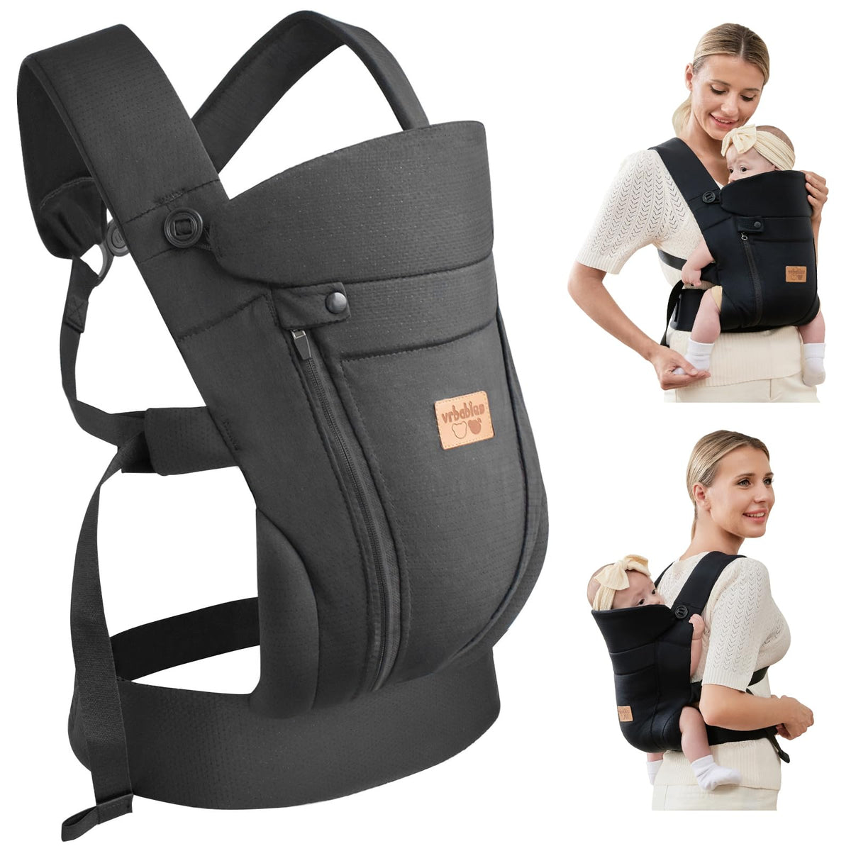 vrbabies new upgrade ergonomic baby carrier front view shows secure buckle for hands-free use