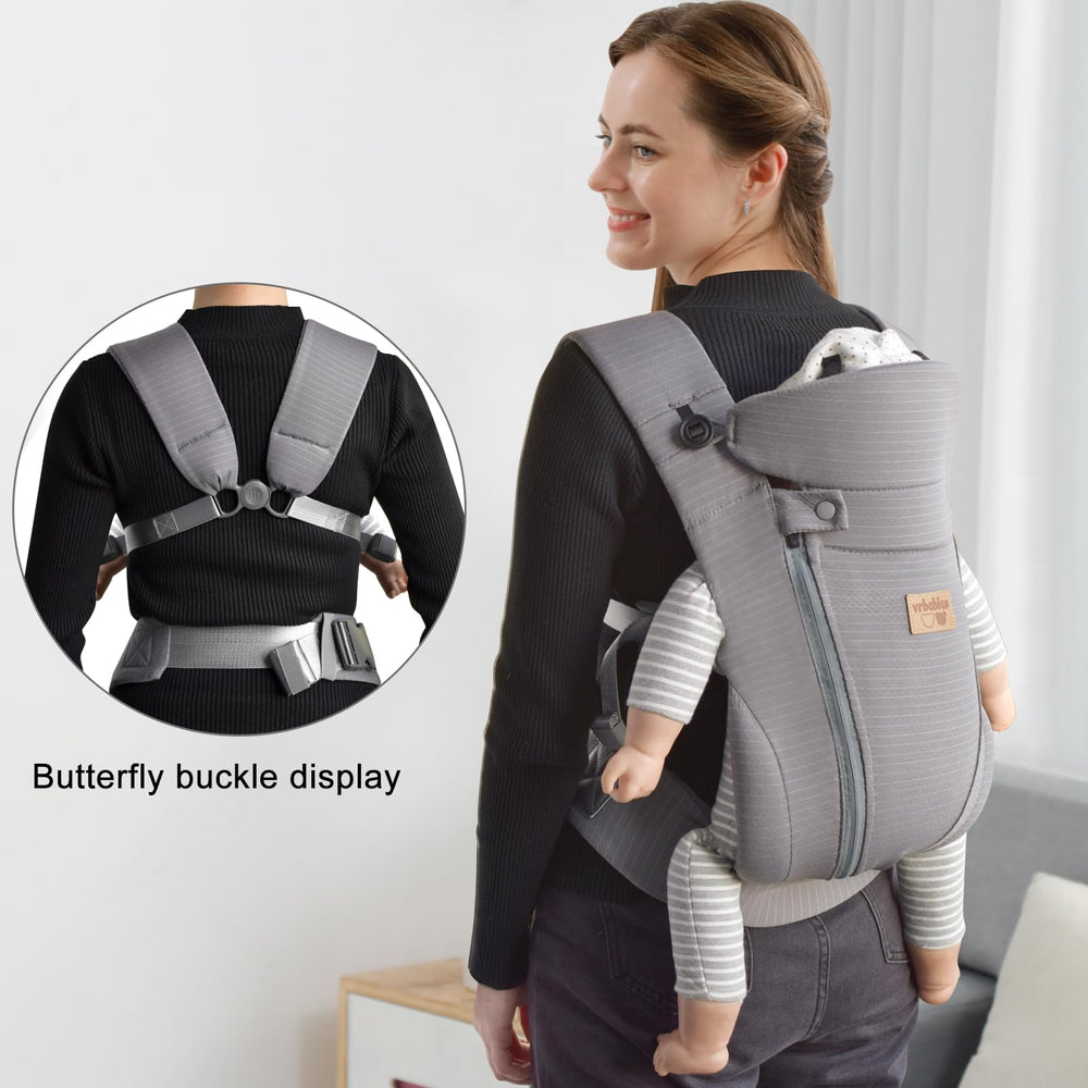 vrbabies new upgrade ergonomic carrier for back carry with hands-free support.