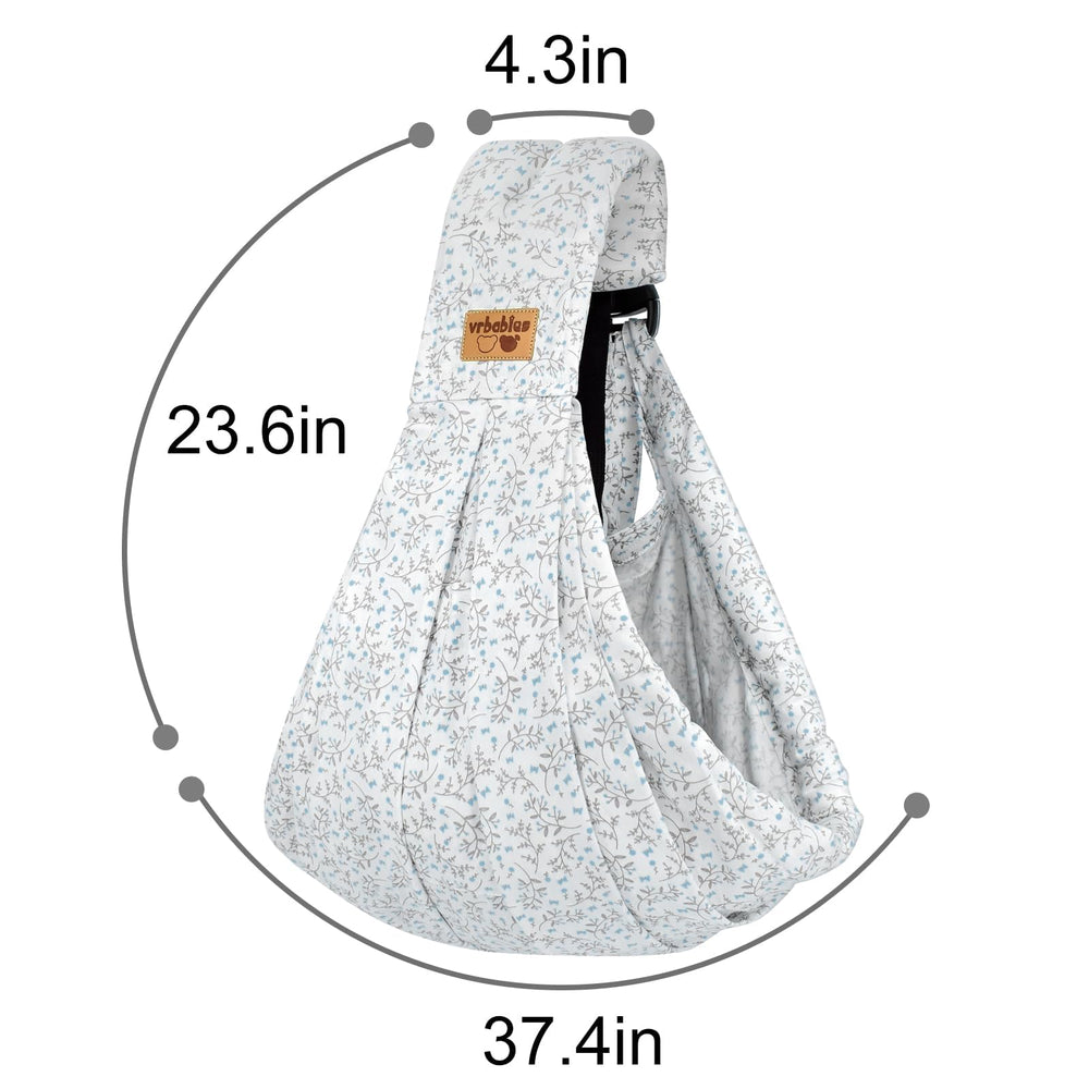 VRBabies blue flower sling suitable from newborn to toddler for long-term use.