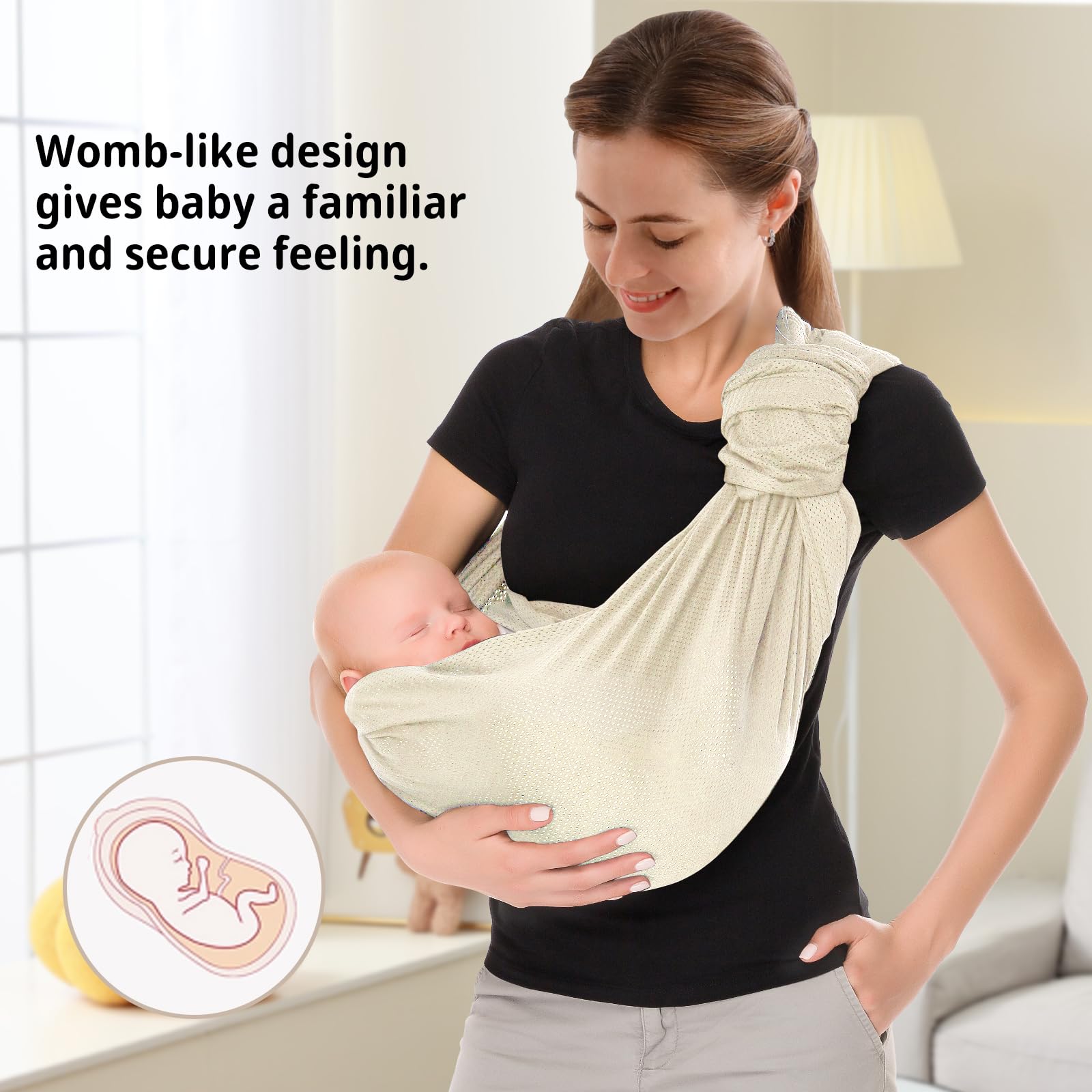 VRbabies Water Ring Sling Beige ergonomic M-position support for comfortable baby wear.