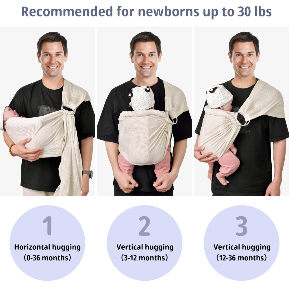 VRbabies Water Ring Sling Beige wide strap reduces caregiver shoulder strain.