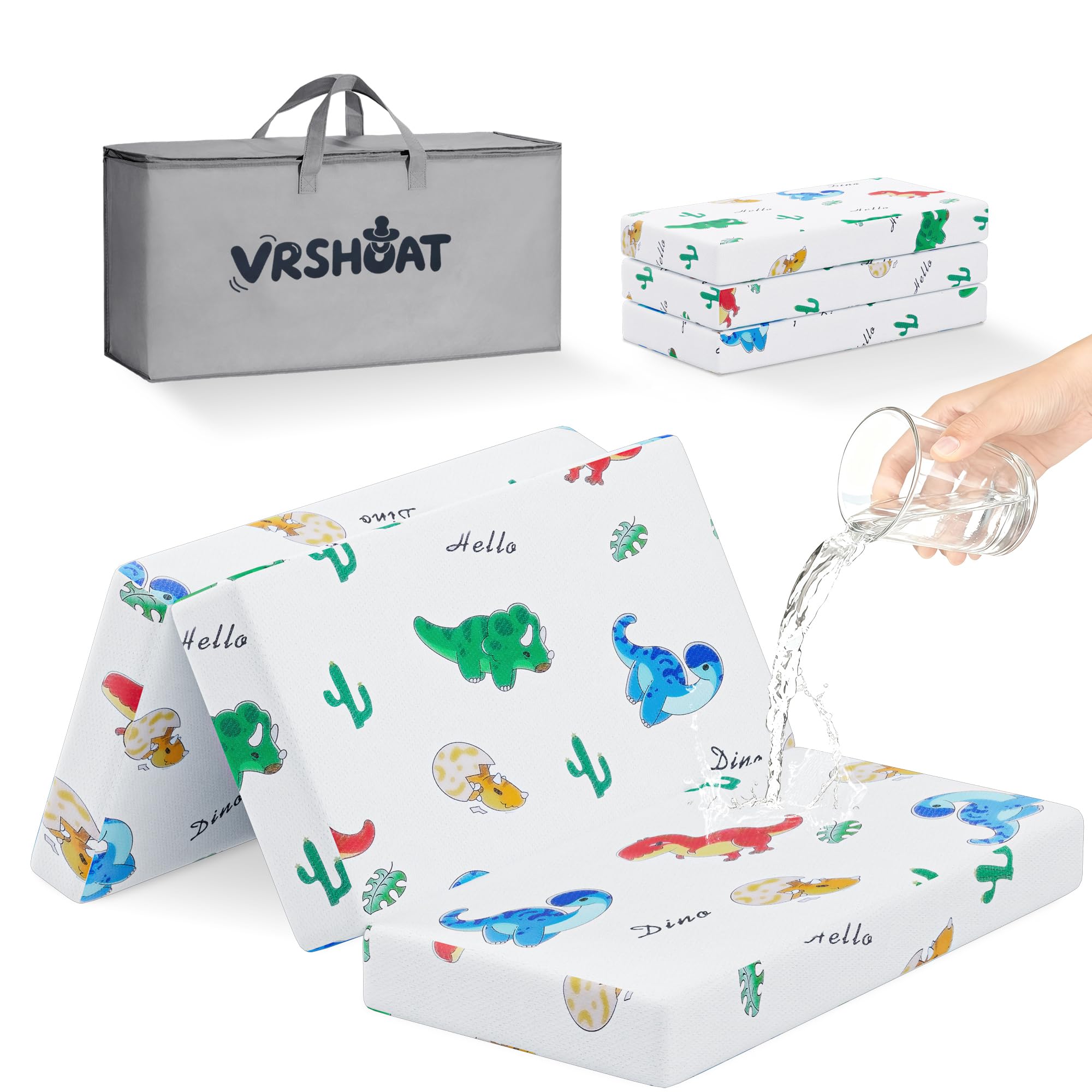 VRSHOAT trifold pack and play mattress folded in carry bag for portable travel.