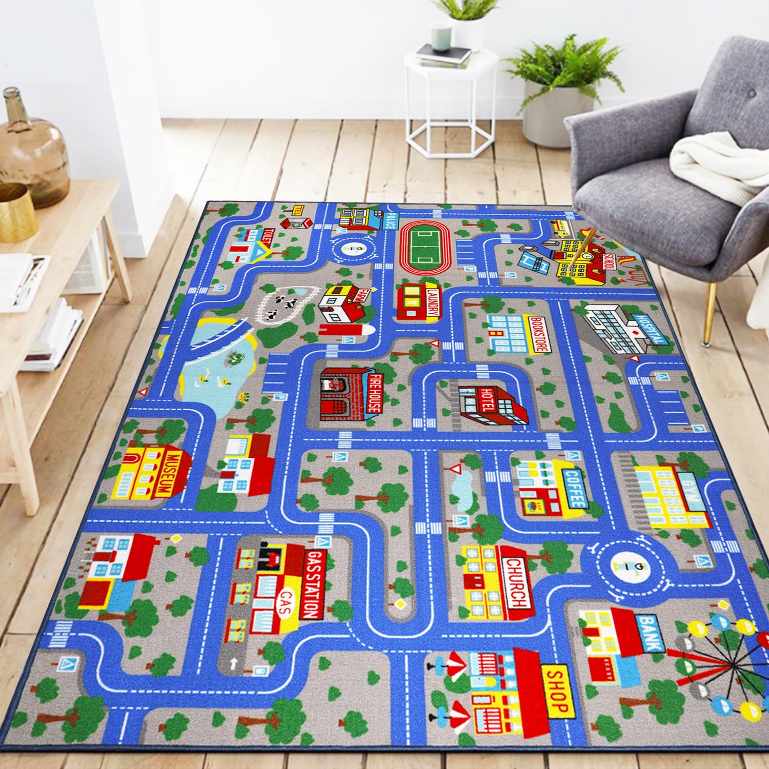 VSIWB kids city road rug blue with durable, non-slip surface for safe play