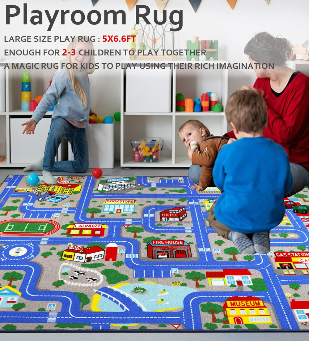 VSIWB play area rug blue suitable for toy cars and imaginative city routes