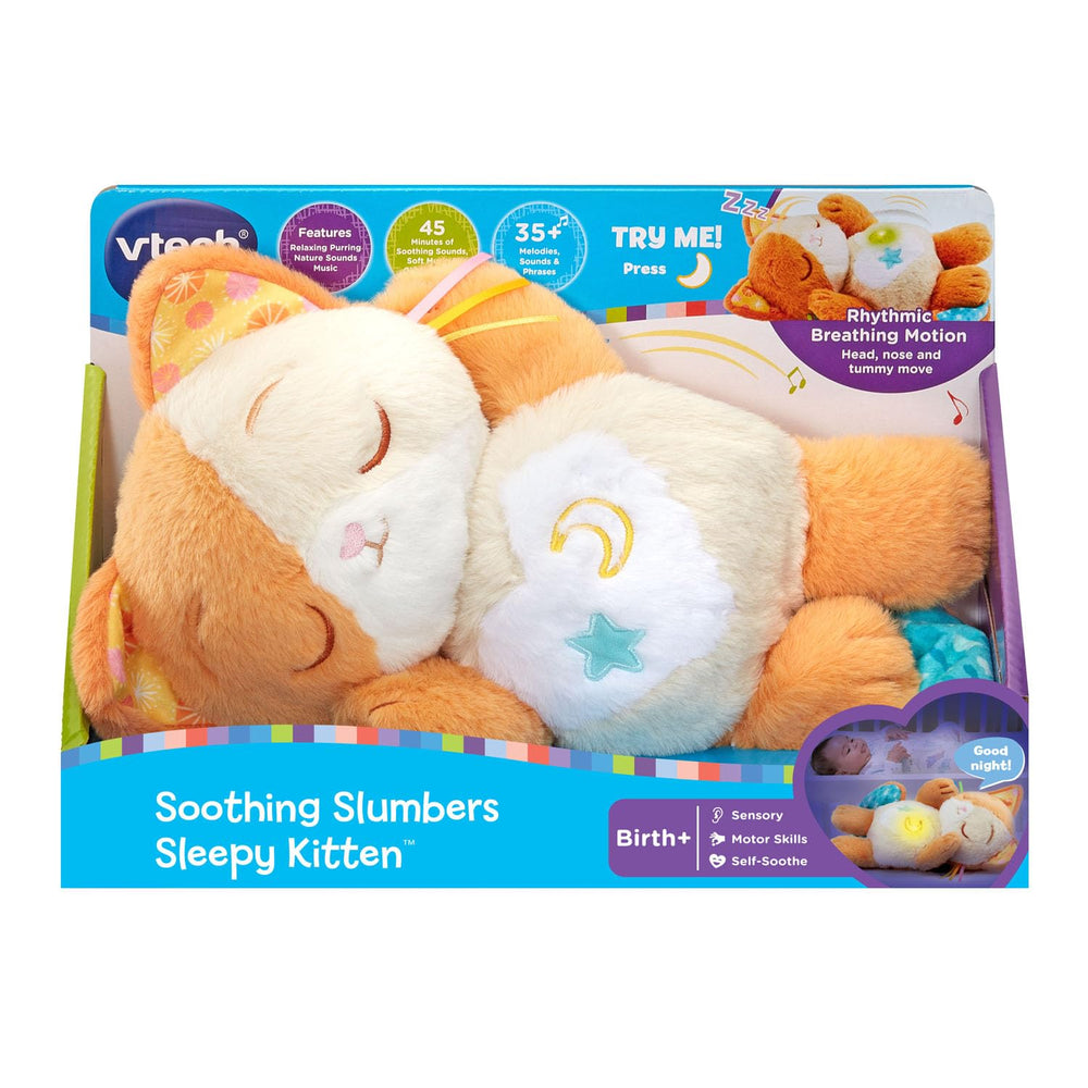 VTech Baby Soothing Slumbers Sleepy Kitten surface and hand washable fabric for easy cleanup