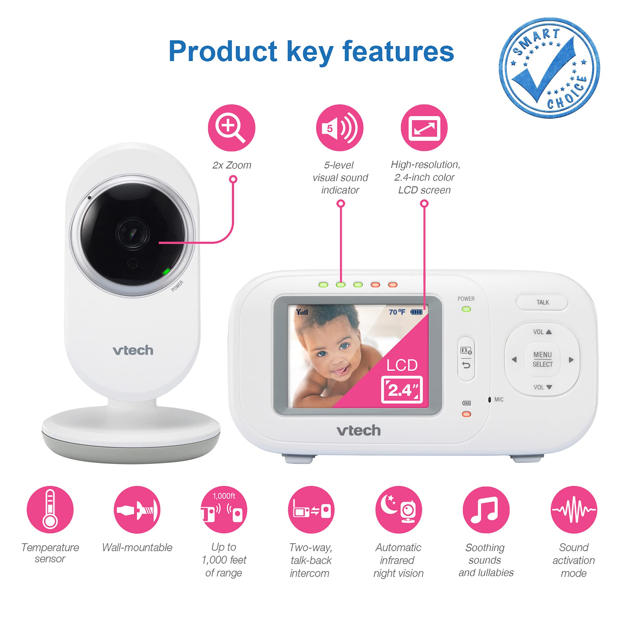 VTech VM320 parent unit display enabling quick checks from across rooms.