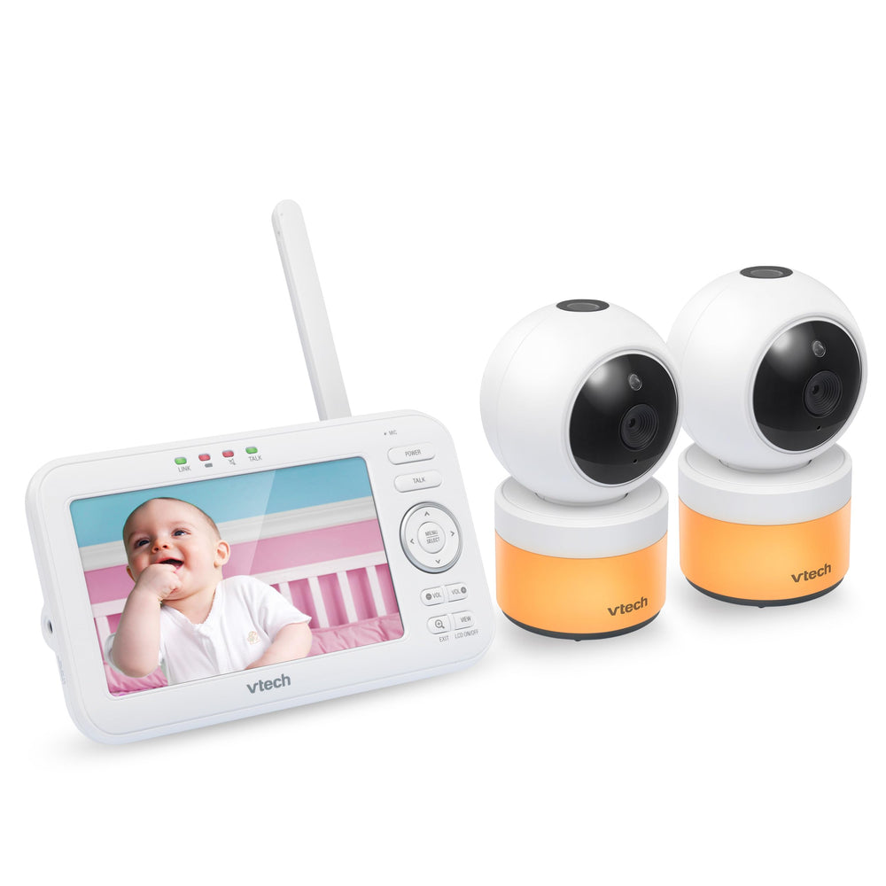 VTech VM5463-2 5-inch screen delivers clear video of baby for quick checks.