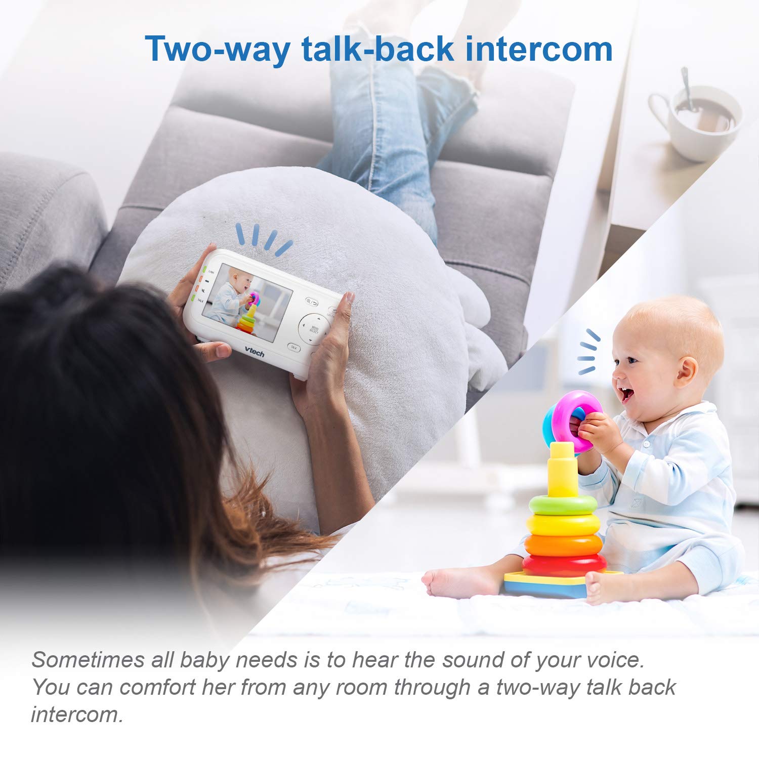 VTech VM5463-2 seven-color night lights adapt to nursery lighting.