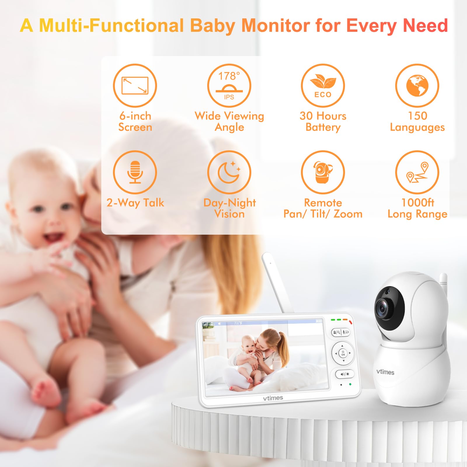VTimes 2-way audio lets you soothe your baby from another room.
