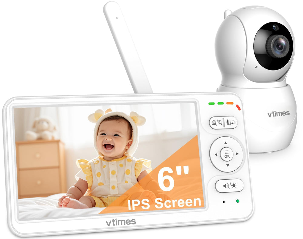 VTimes baby monitor with 6inch IPS screen for clear day and night viewing.