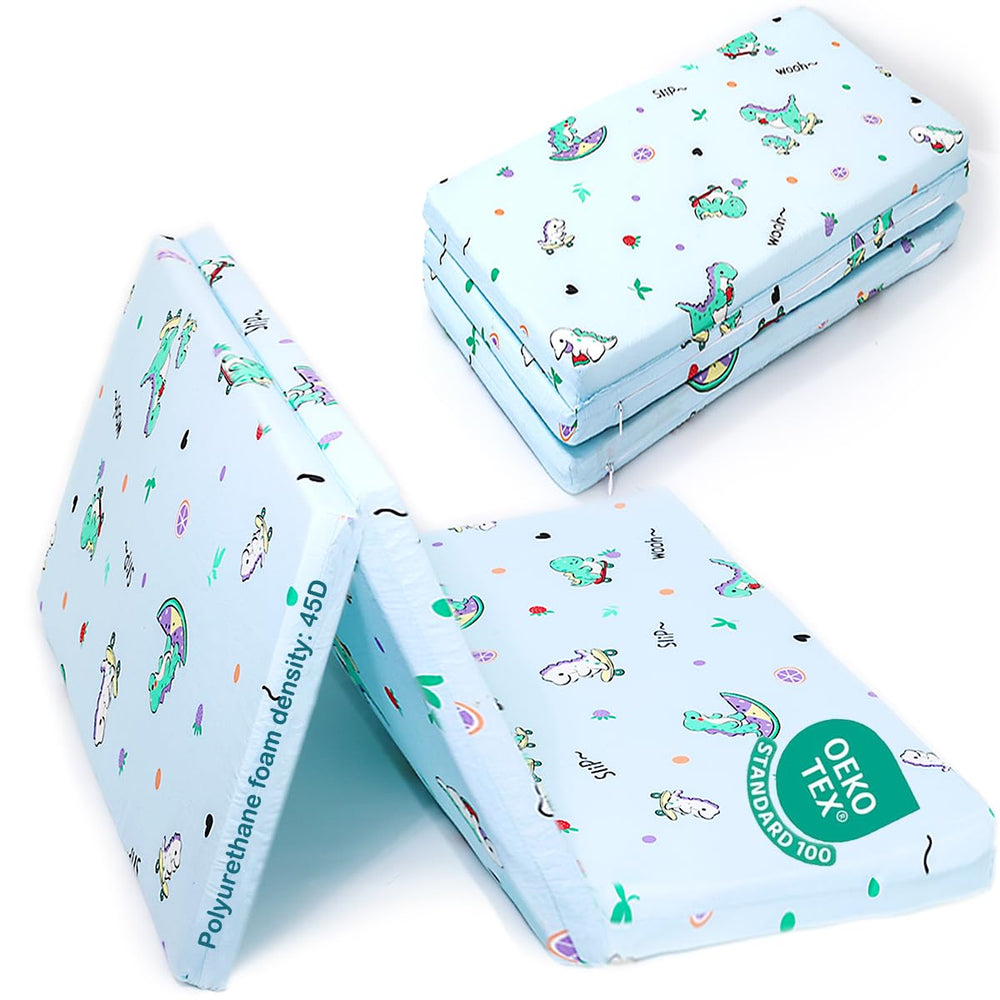 VUCWS dinosaur tri-fold pack mattress provides firm spine support for baby.