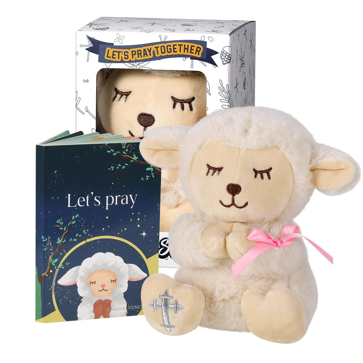 VUNCESSIN plush prayer lamb with cross embroidery for baptism.