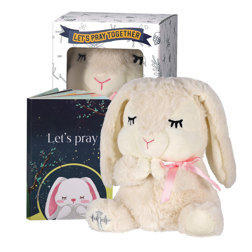 VUNCESSIN 7-inch prayer bunny plush with cross embroidery, a comforting baptism keepsake for baby.
