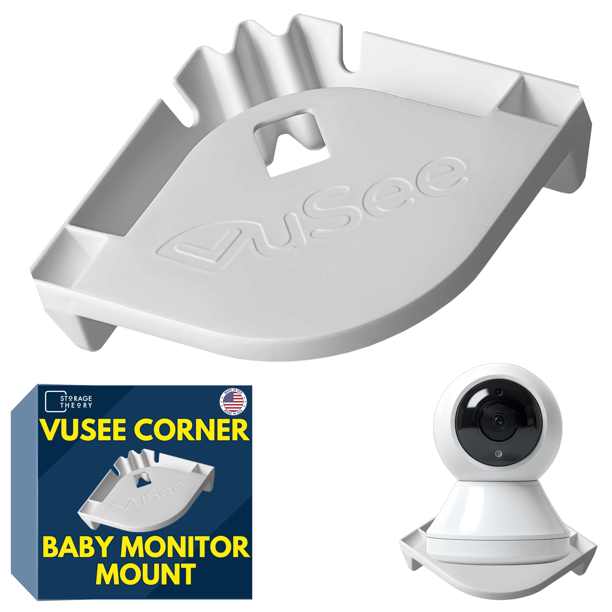 Vusee Corner Mount securing a baby monitor for a clear corner view