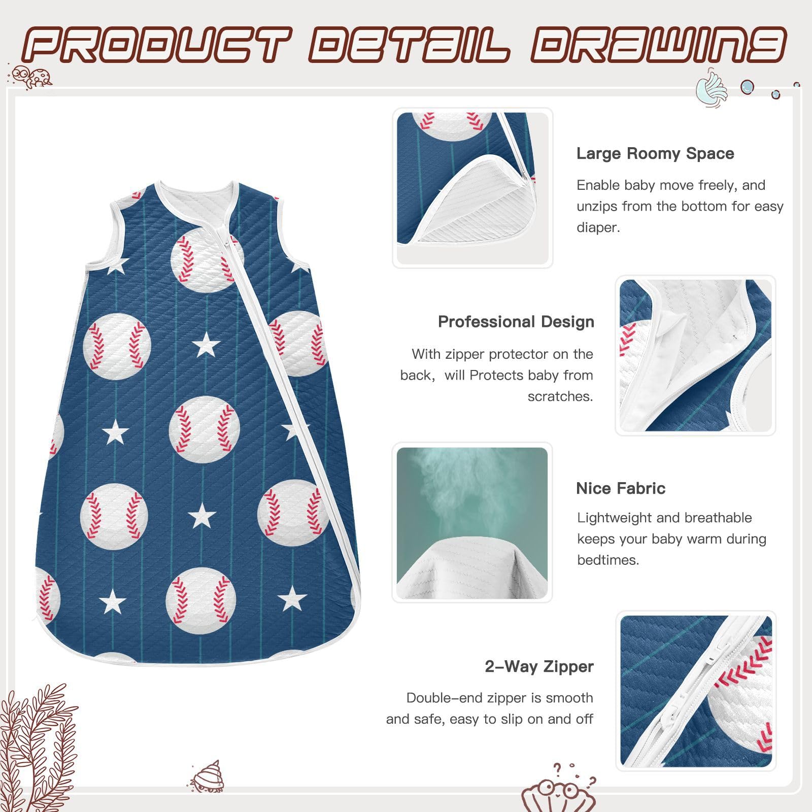 vvfelixl baseball sleep sack bottom diaper-zip speeds diaper changes