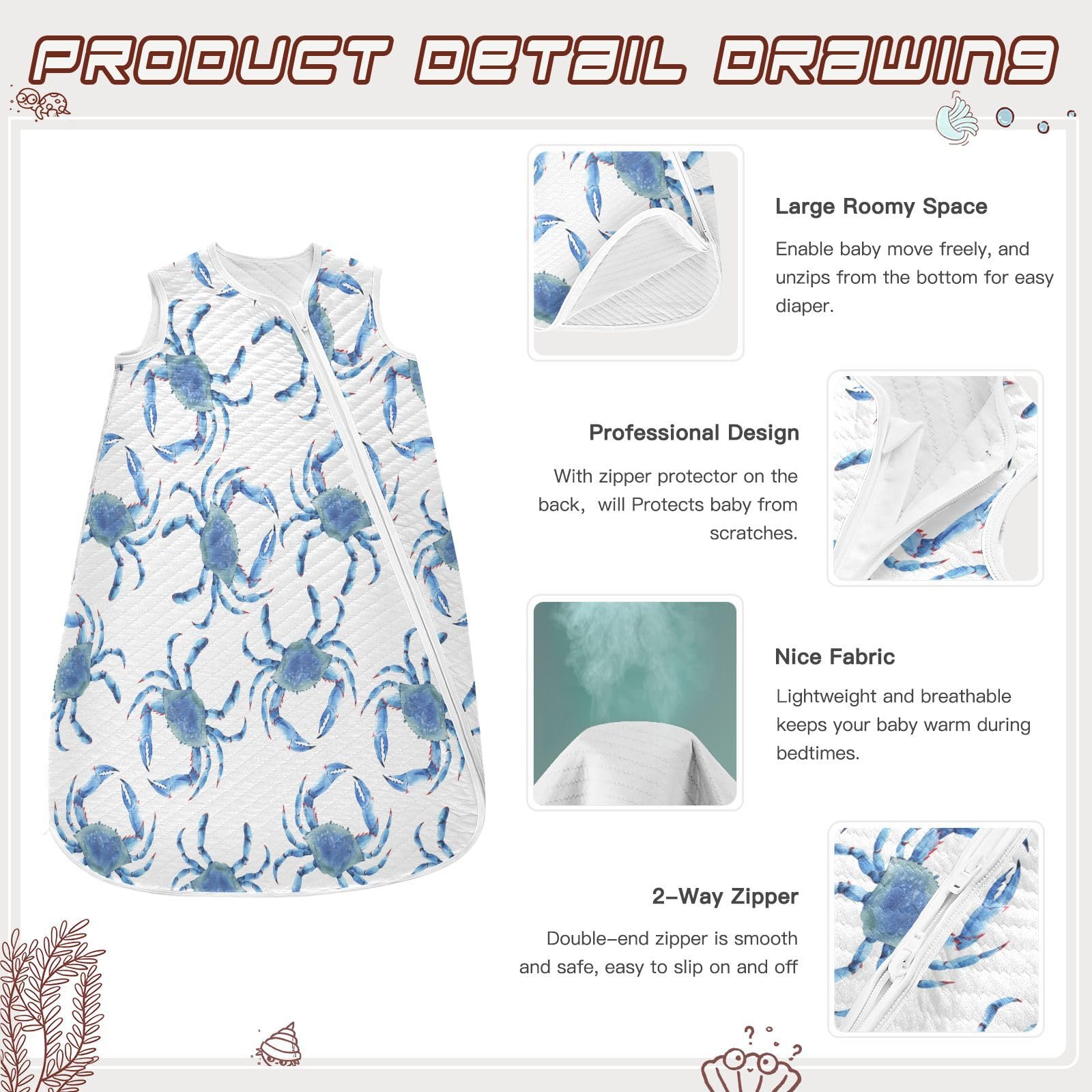 vvfelixl Blue Crabs Sleep Sack zipper detail aids easy dressing and changes