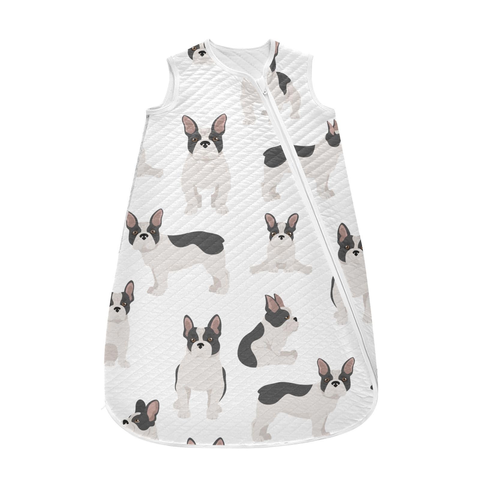 vvfelixl French Bulldog pattern white baby sleep sack offers cozy cotton comfort for newborns.