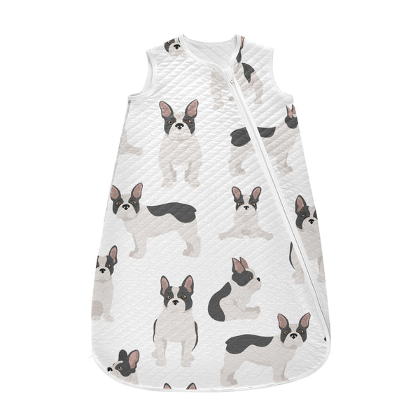 vvfelixl French Bulldog pattern white baby sleep sack offers cozy cotton comfort for newborns.
