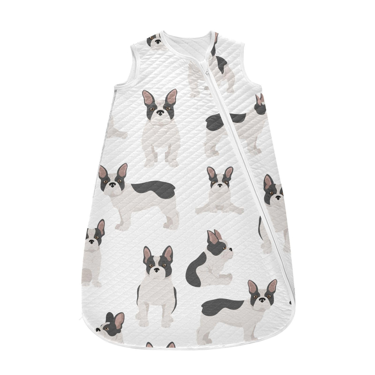 vvfelixl French Bulldog pattern white baby sleep sack offers cozy cotton comfort for newborns.