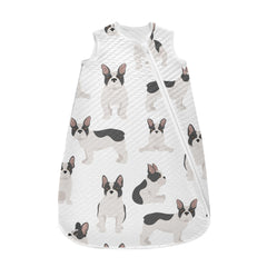 vvfelixl French Bulldog pattern white baby sleep sack offers cozy cotton comfort for newborns.