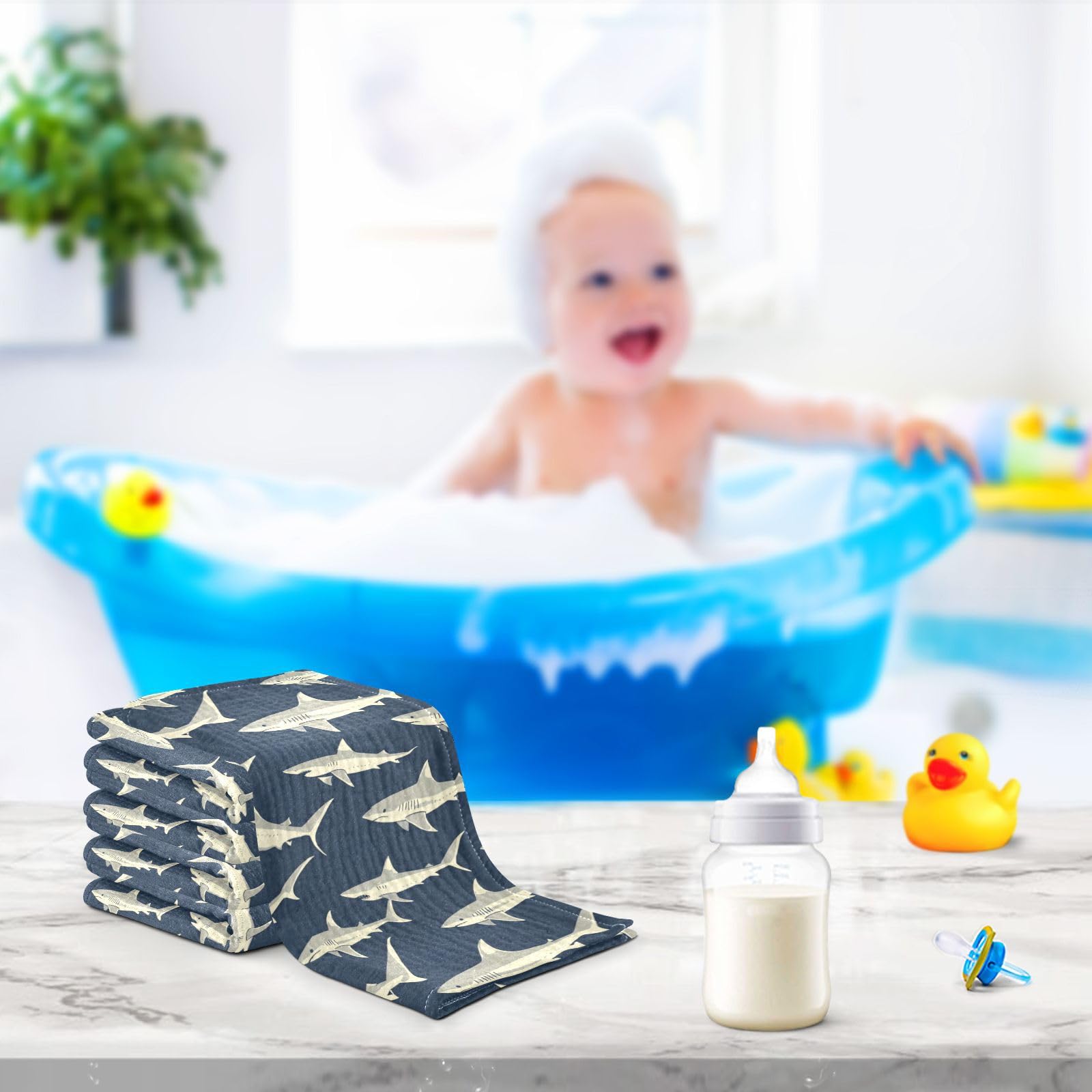 vvfelixl Sharks in Ocean 11-8x11-8 burp cloth in gift-ready packaging.