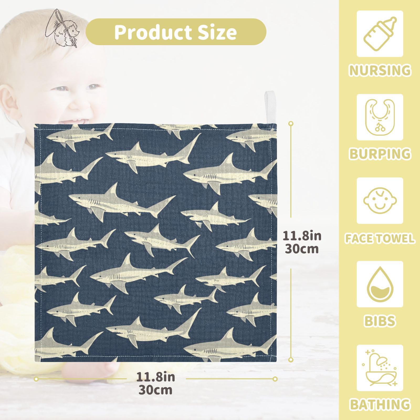 vvfelixl Sharks in Ocean burp cloth, four-layer construction for reliable absorbency.