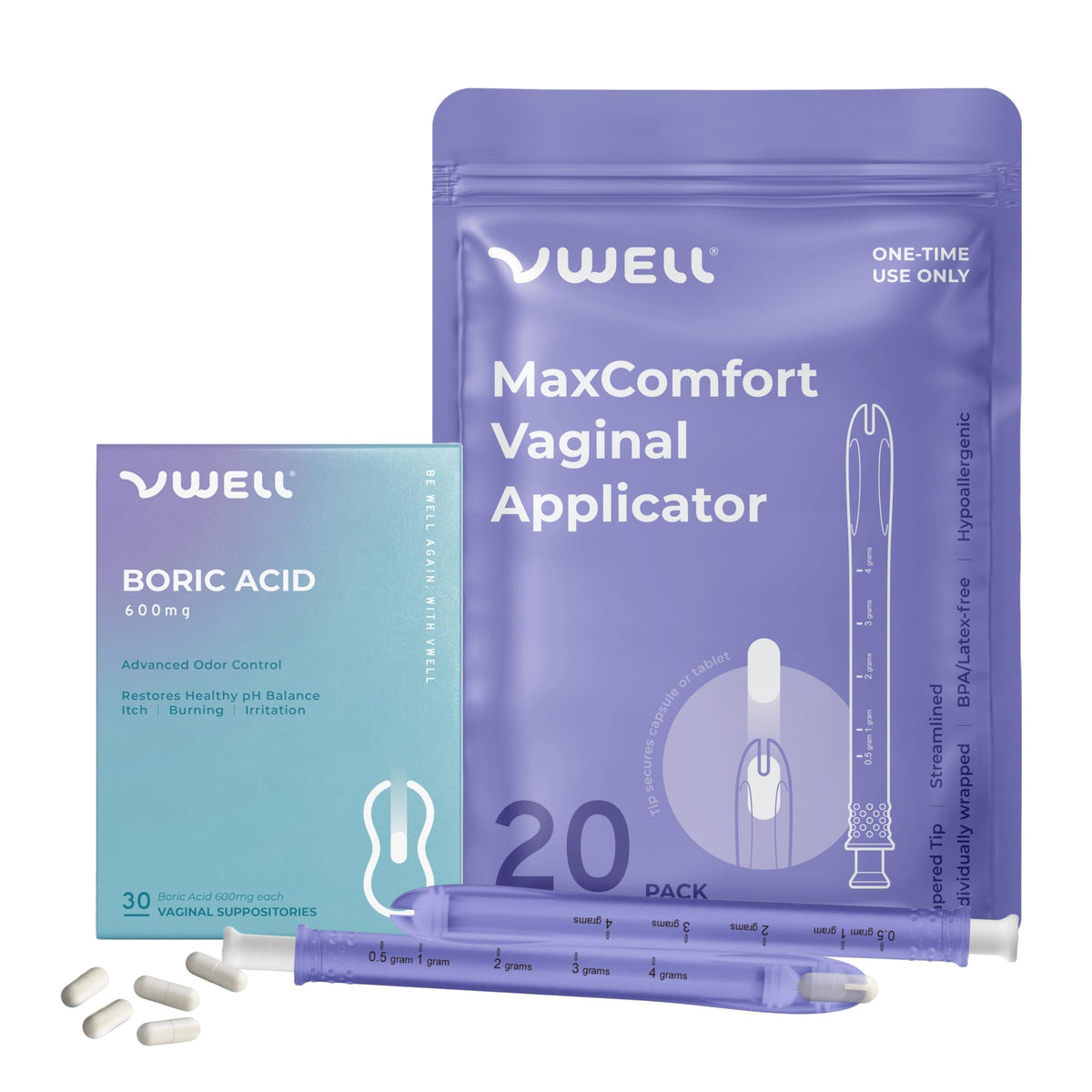 VWELL Boric Acid Vaginal Suppositories 600mg box for discreet storage and travel odor control.