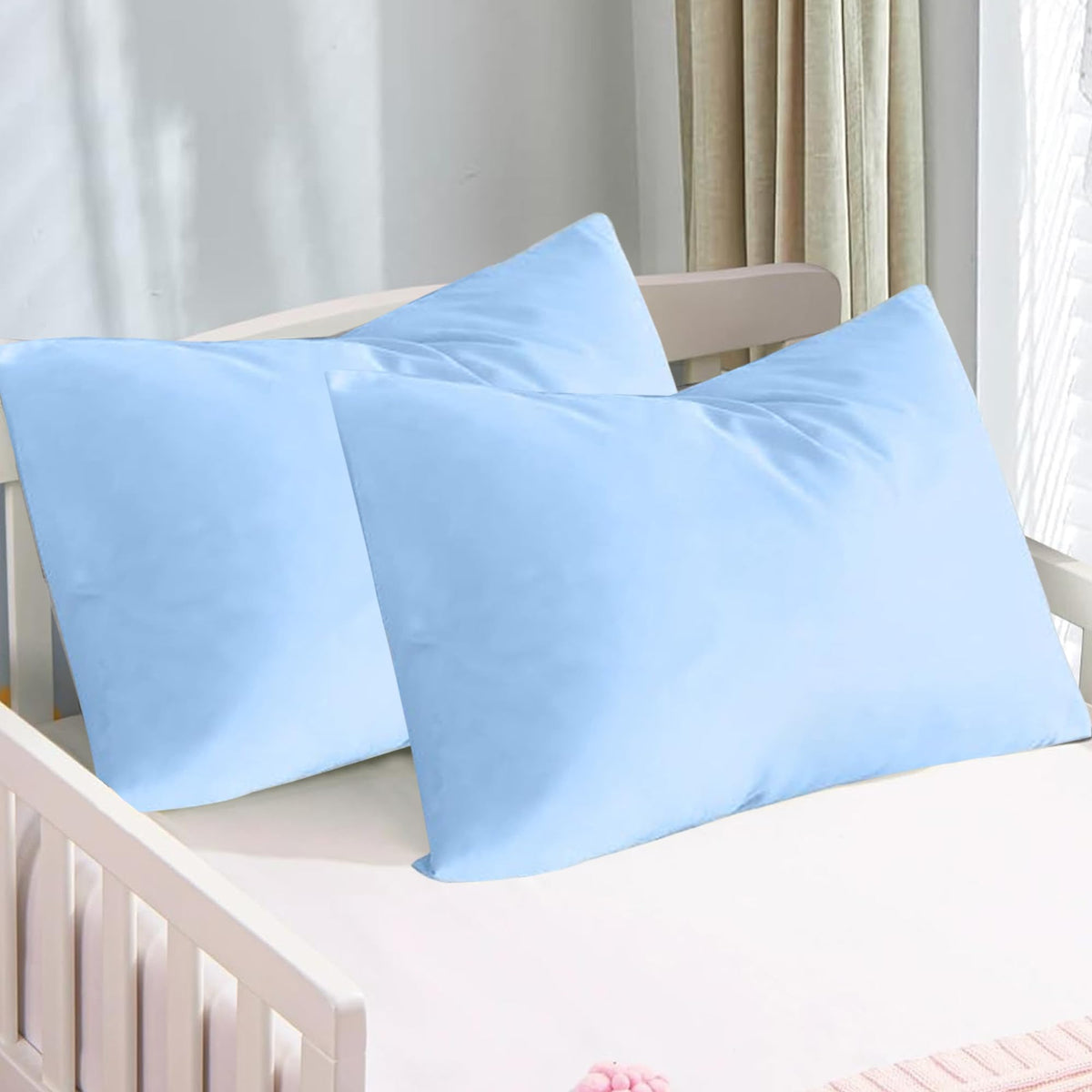 VyAura HOME 2-pack toddler travel pillow case in light blue for secure fit.