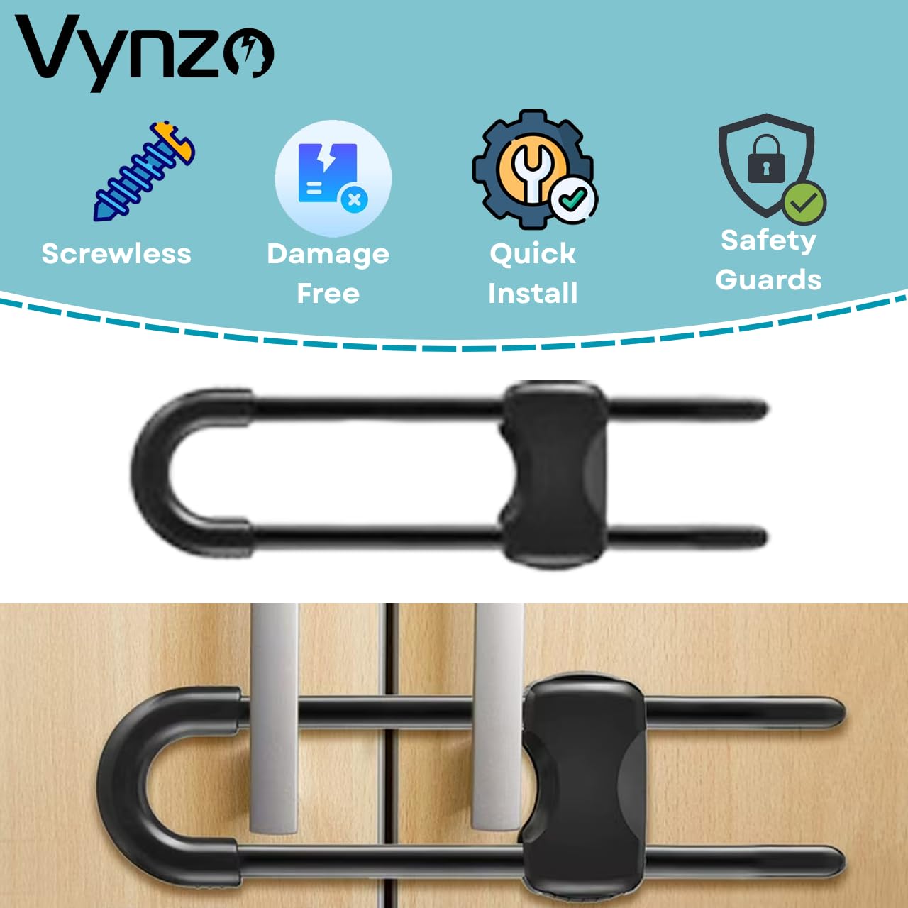 VYNZO black pack of six cabinet locks for cohesive safety.
