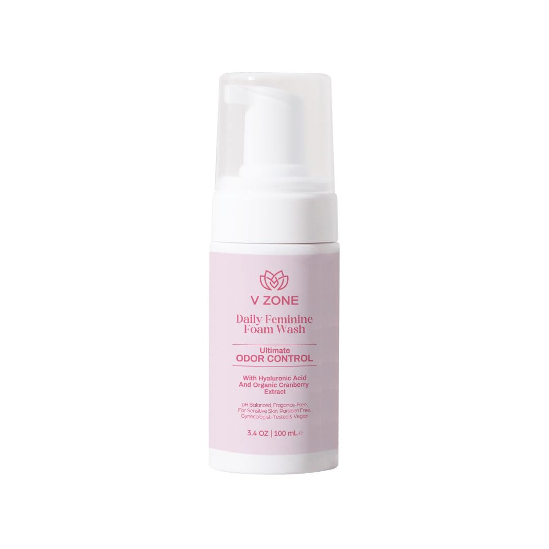 VZone Daily Feminine Foam Wash bottle emphasizes hyaluronic acid hydration for intimate skin.